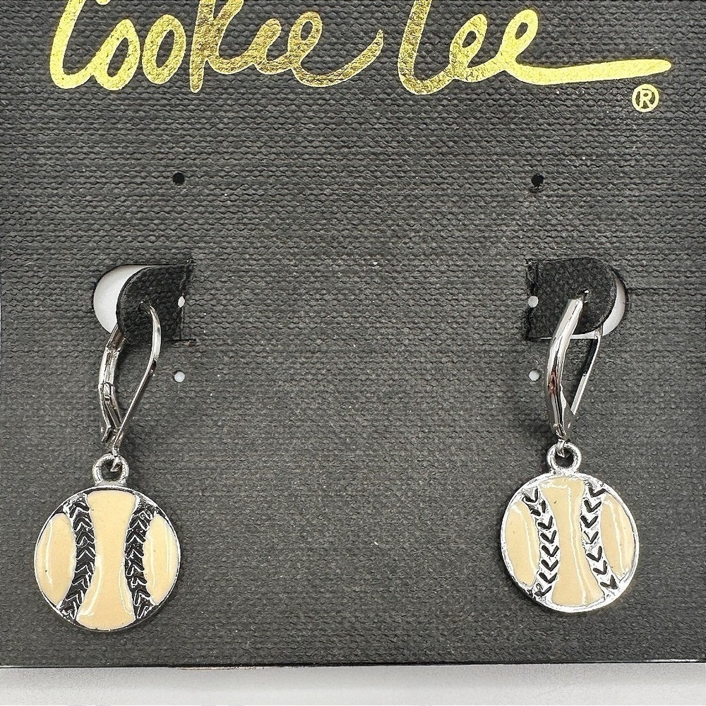 Vintage 80s Cookie Lee Silver Tone Enamel Baseball Softball Hook Earring Jewelry